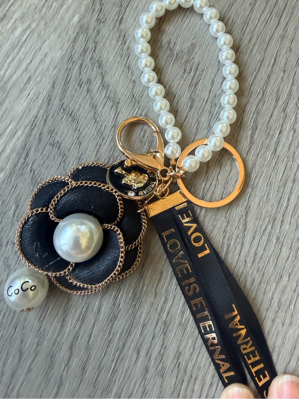 LOVE IS ETERNAL Keyring/Bag Charm w Pearl handle & Lg Pearl & blue Camellia